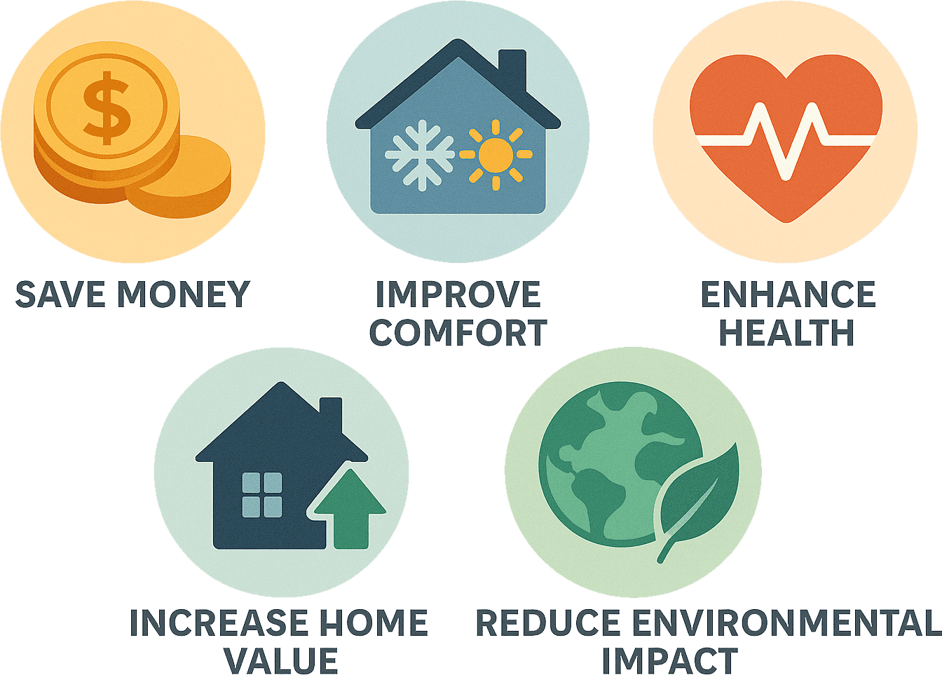 image001-2 Five circular icons with symbols representing saving money, improving comfort, enhancing health, increasing home value, and reducing environmental impact, each labeled accordingly.